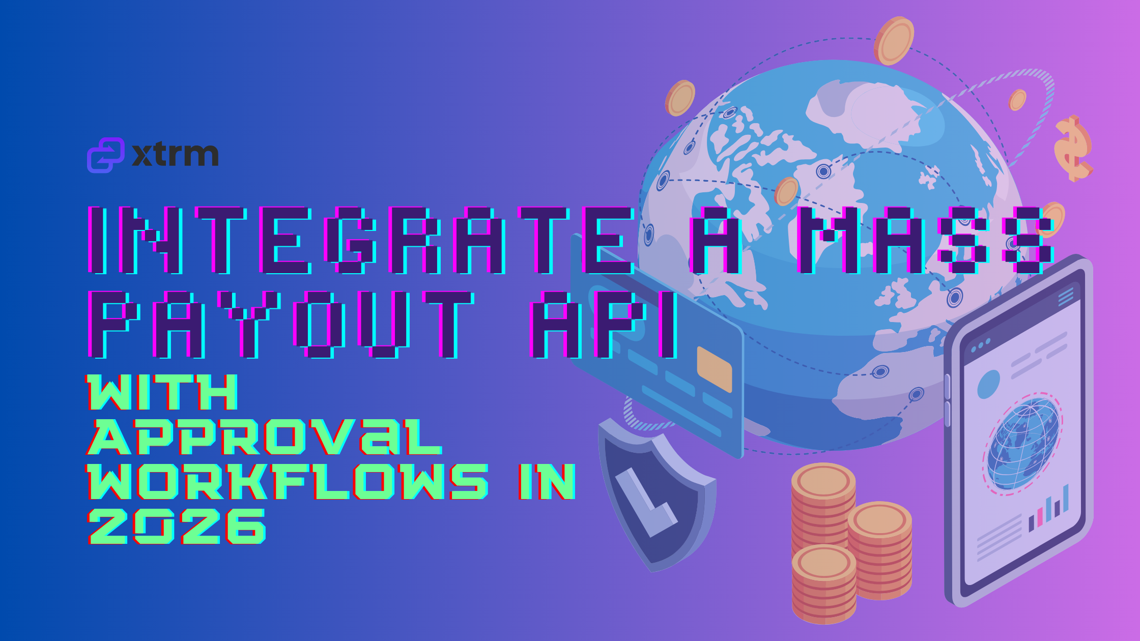 Banner for the mass payout API integration guide. The graphic features a stylized 3D globe with network lines, floating currency, a credit card, a security shield with a checkmark, and a mobile financial dashboard. Text reads 