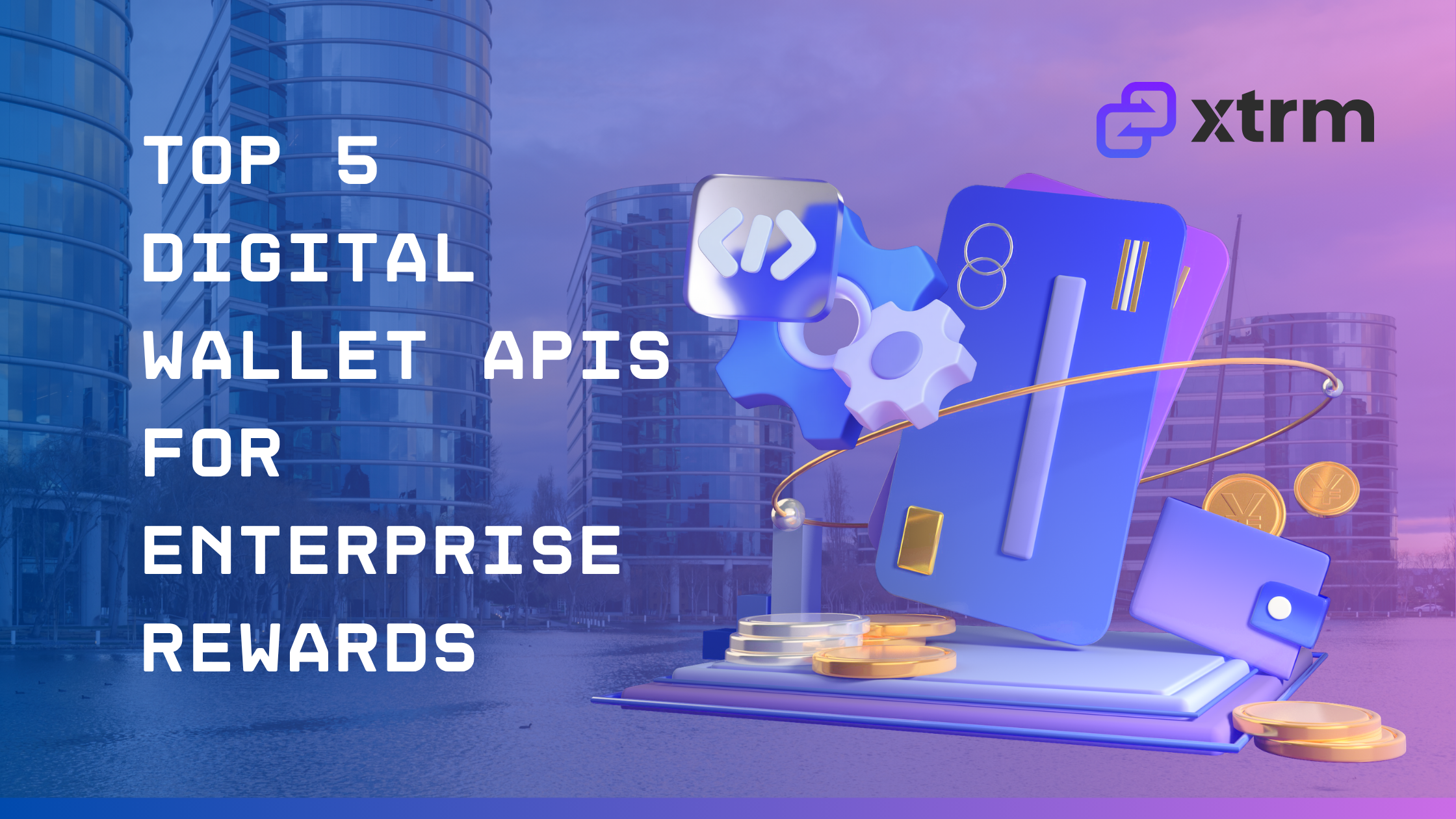 A digital banner graphic featuring a background of modern glass office buildings tinted in a blue and purple gradient. On the left, bold white text reads 